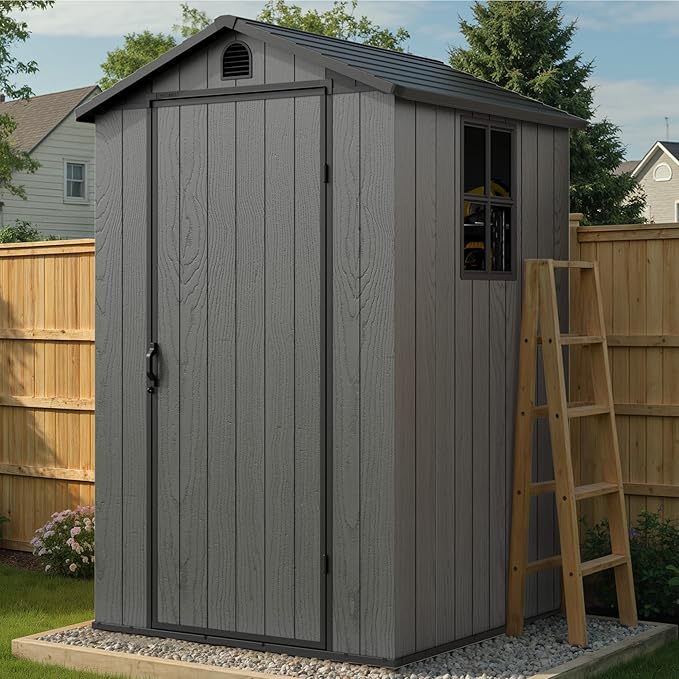 Greesum 4x4FT Plastic Outdoor Storage Shed with Floor, Resin Storaged Sheds with Lockable Door, All Weather Durable Tool Shed with Window and Vent, for Garden, Backyard, Patio, Dark Gray