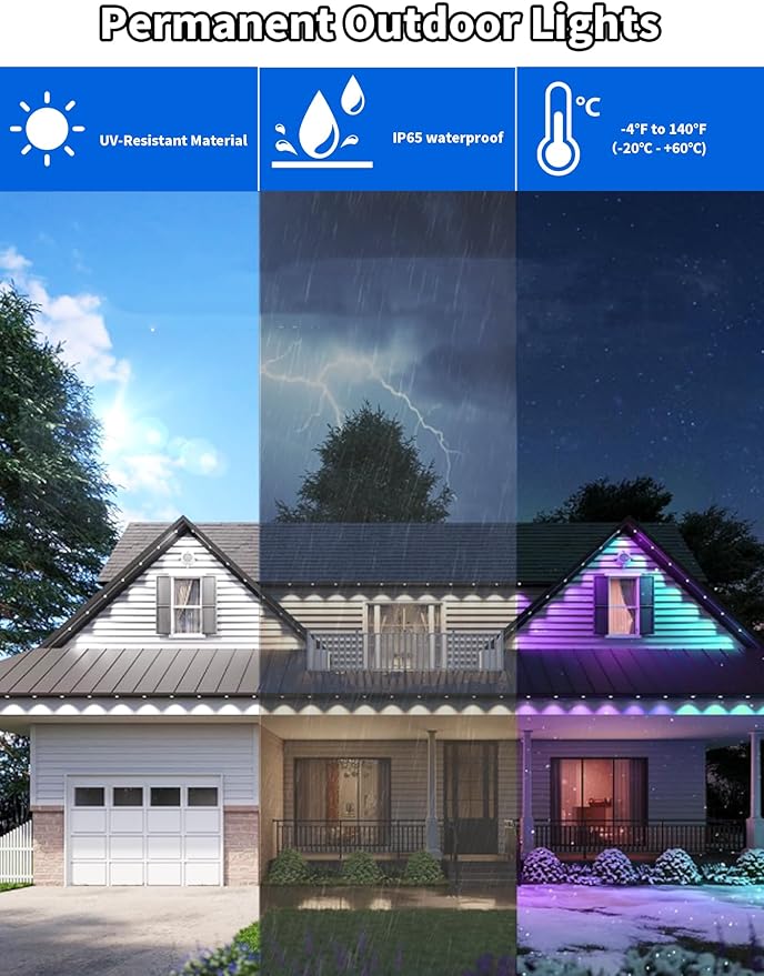 Permanent Christmas Eave Lights, 100ft with 72 RGB LED Lights, IP65 Waterproof, 49 Scene Modes, DIY Mode, Alexa/Google Compatible