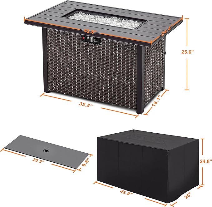 Nuu Garden 43 Propane Fire Pit Table, 50,000 BTU CSA Certified Outdoor Gas Fire Pit with Aluminum Tabletop, Removable Lid, 7 lbs Glass Rocks & Waterproof Oxford Cover, Brown