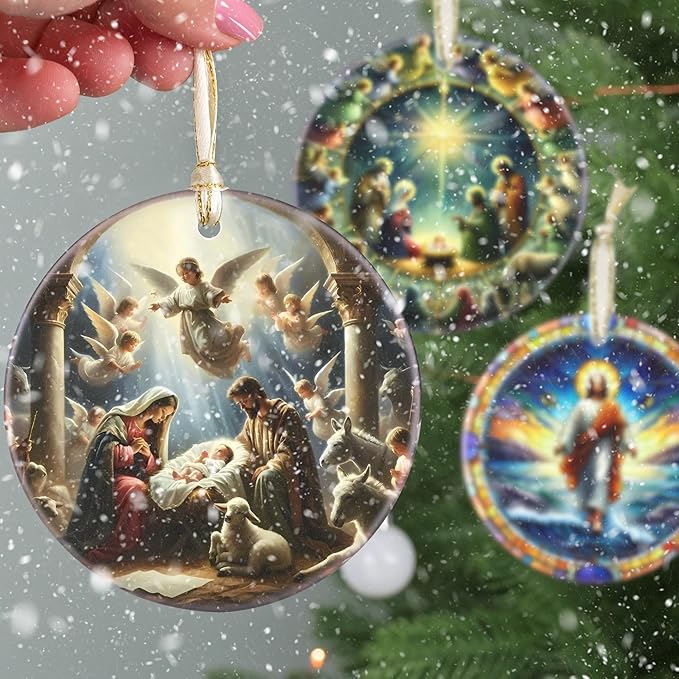 Nativity Christmas Decorations, 3.5 Inch Ceramic Religious Christmas Ornament, Christmas Tree Ornaments, Christian Gifts for Kids, Religious Gifts for Women, Xmas Gifts for Mom, Merry