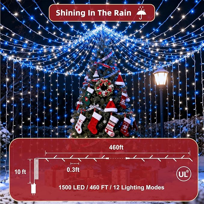 470ft Outdoor Christmas Lights, 1500 LED Super Long String Lights 12 Modes & Timer Memory, Dimmable Outsite Waterproof Light Strings for Xmas Tree Garden Wedding Party Holiday Decorations Blue&White
