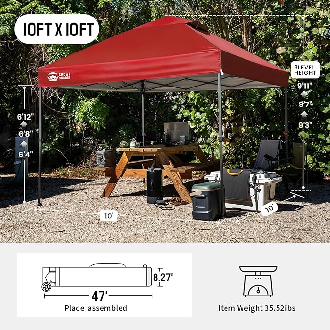 CROWN SHADES 10x10 Pop Up Canopy Tent - Patented Center Lock One Push Instant Outdoor Canopy Beach Tent with STO-N-Go Bag 8 Stakes & 4 Sand Bags，Red