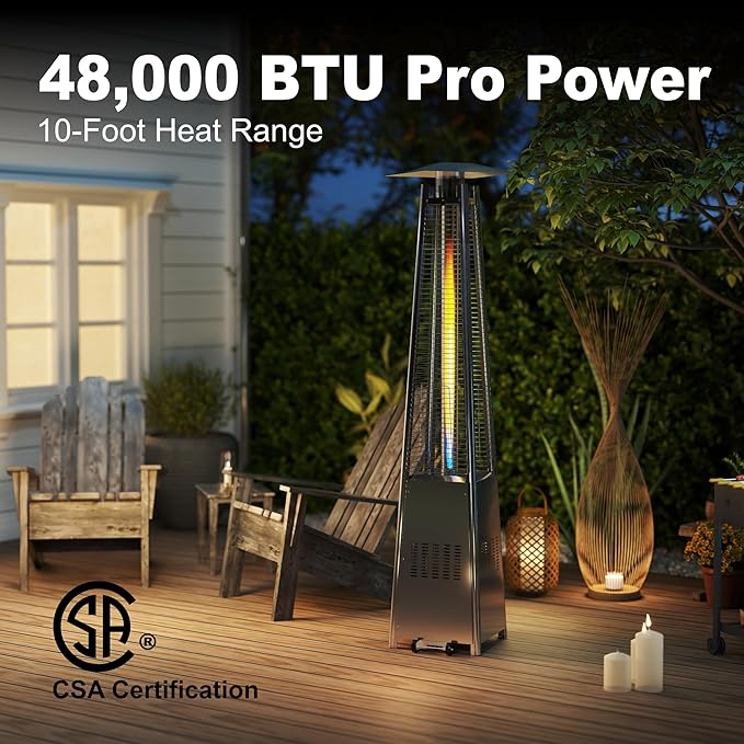 Kingdura 48,000 BTU Pyramid Patio Heater with Cover & Wheels, Outdoor Patio Heaters for Outdoor Use, Triple Safety Protection, 88 Quartz Glass Tube Propane Heater for Deck Backyard Commercial Balcony