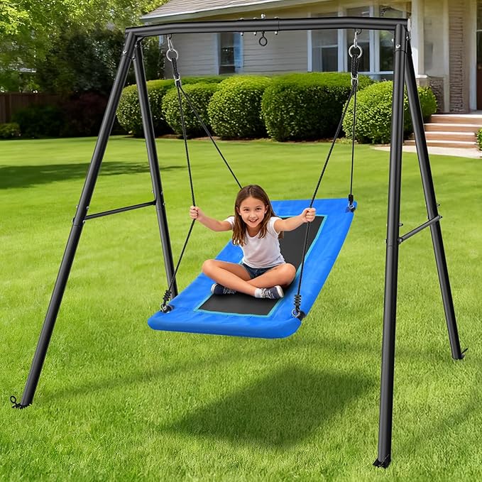 Trekassy 60 Large Platform Saucer Swing with Frame for Kids Outdoor, 440lbs Swing Set with Heavy Duty Metal Swing Stand for Backyard, Outdoor Kids Play Equipment (Blue)