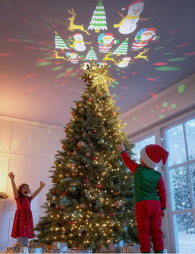 DG-Direct Christmas Tree Topper Lighted with 6 Projected Patterns, Led Rotating Magic Snowflake, 3D Hollow Glitter Lighted Silver Snow Tree Topper for Christmas Tree Decorations, Gold