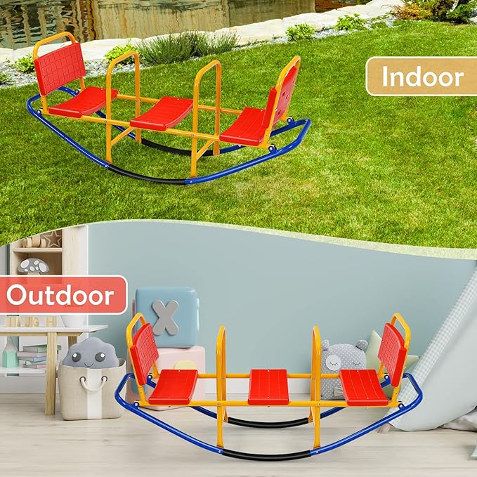 HONEY JOY Kids Seesaw Teeter Totter, 3-Person Heavy Duty Metal Playground Equipment for Backyard, Indoor Outdoor Rocking Fun for Toddlers Boys Girls Age 3-8, Teeter Totter for Kids Outdoor(Red)