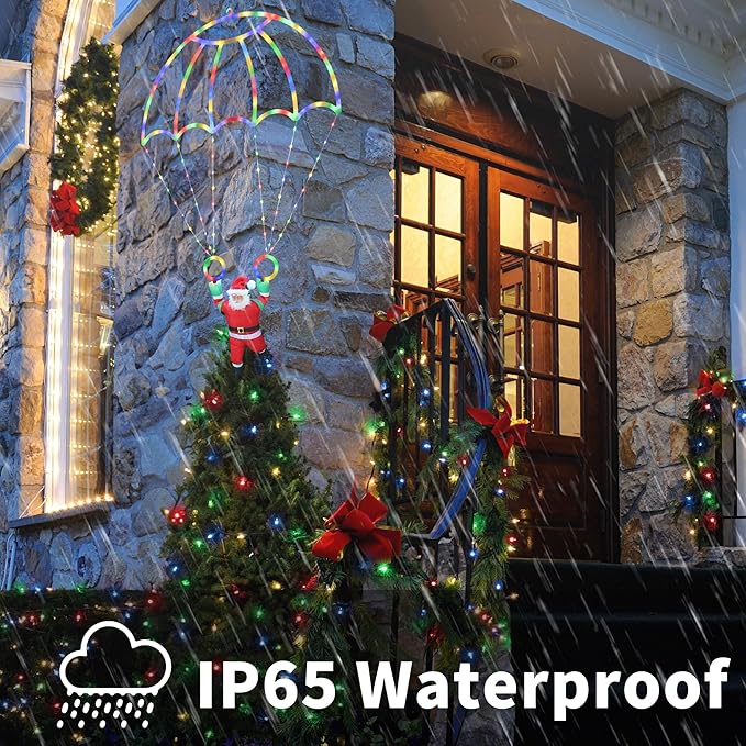 Christmas Decorations Lights Outdoor, 2.8ft LED Christmas Parachute Light with Santa Claus, 8 Modes & Timer Battery Operated Hanging Xmas Lights for Roof Eave Balcony Home Garden Decor (Multicolor)