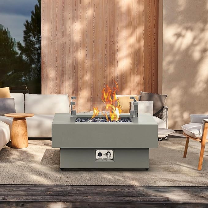 32.5-inch Fire Table with Natural Gas Conversion Kit & Wind Glass Shield, 50,000BTU Outdoor Modern Patio Fire Pit Table w/Square Burner Lid, Glass Rocks, Cover