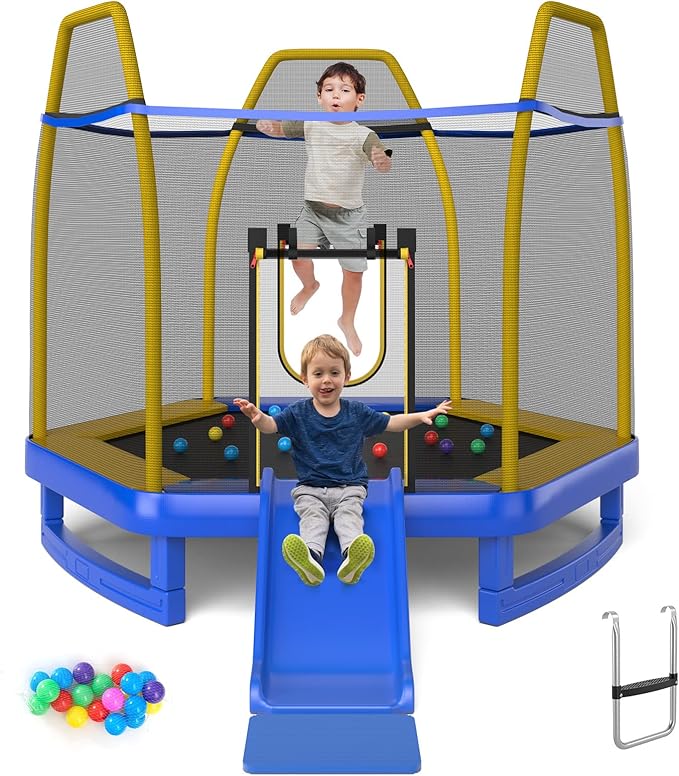 Goplus 7 FT Kids Trampoline with Slide, 87¡± ASTM Approved Toddler Trampoline with Galvanized Steel Frame & Safety Enclosure Net, Ladder, Indoor Outdoor Recreational Rebounder for Kids