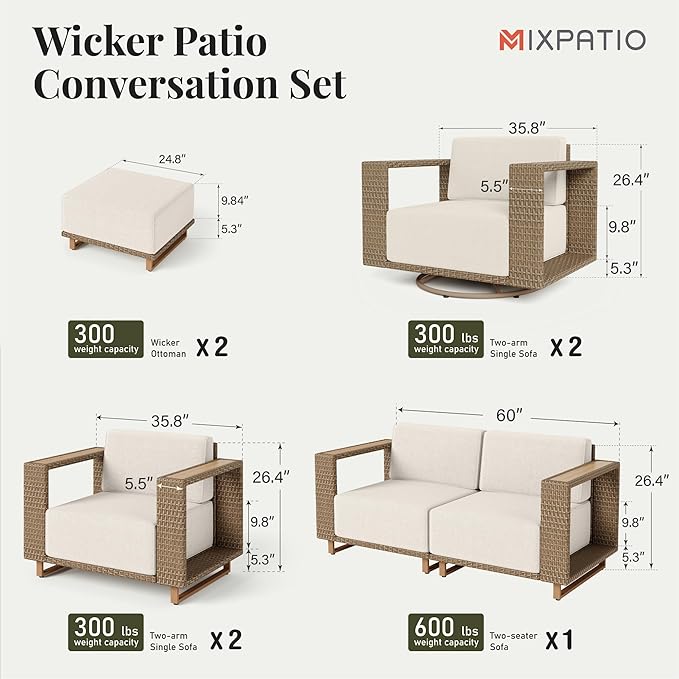 Outdoor Patio Furniture Set, 8 Piece Outdoor Rattan Wicker Couch, Conversation Sets with 2 Swivel Sofas, 2 Leg Sofa, 2 Armchairs and 2 Ottomans for Deck Backyard Lawn