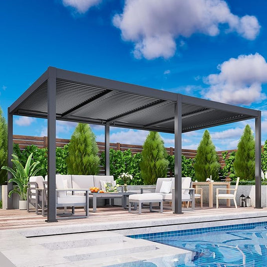 Louvered Pergola, 12' x 20' Outdoor Pergola, Metal Patio Gazebo with Adjustable Louvers Roof and Gutter System, Metal Hardtop Gazebo for Patio, Backyard, Deck, Garden, Dark Gray