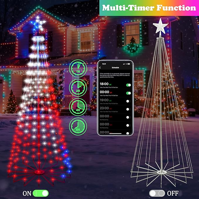 6FT Lighted Outdoor Christmas Tree, 265 LED Smart Cone Tree, Music Sync RGB Fairy Lights, LED Light Show, APP and Remote Control, Timer Function, Perfect for Outdoor Christmas Decorations