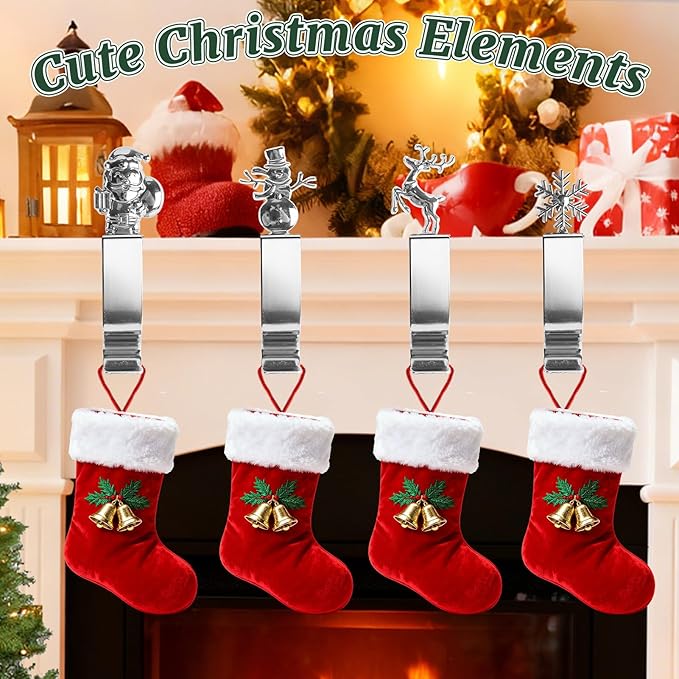 cyrico Christmas Stocking Holders for Mantle, Set of 6, Sturdy Metal Stocking Hangers for Mantel, Cute Lightweight Silver Xmas Mantle Hooks for Fireplace Window Counter Christmas Party Decoration