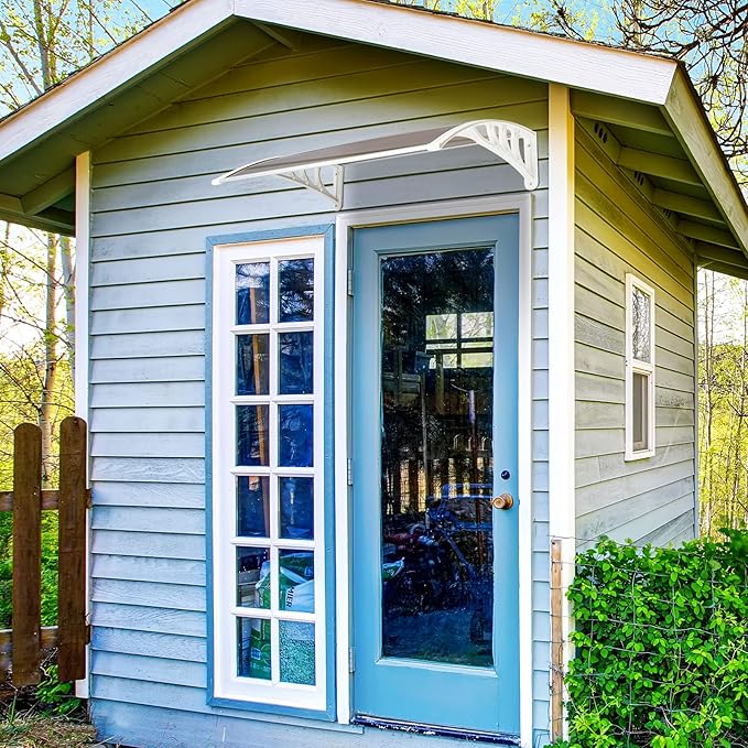 Window Awning Door Canopy Exterior- 32" x 40" Aluminum Door Awning, Polycarbonate Cover Patio Canopy Awning for House, Outside, Rain Snow & UV Resistant (Brown Board & White Bracket)
