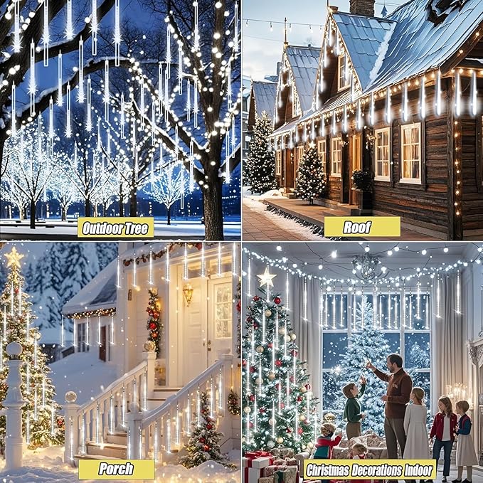 Christmas Lights Outdoor UL Certified 24 Tubes 576 LEDs (Equivalent to 3 Sets of 8 Tubes) Meteor Shower Light Falling Rain Drop Icicle Lights for Christmas Decorations Halloween Decor, White