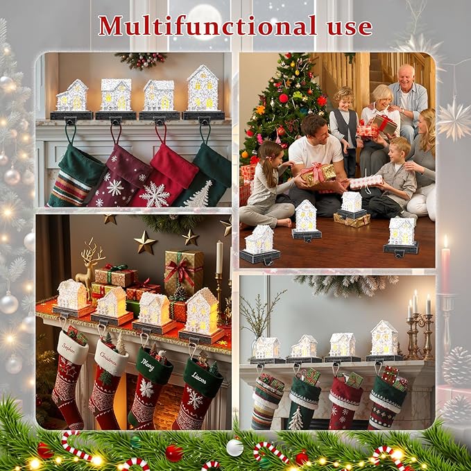 Stocking Holders for Mantle and Garland Hanger, 4-Piece Resin Fireplace Hooks with LED Lights, Perfect for Christmas décor and Holiday Party setups