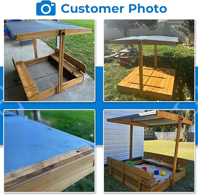 Large Wooden Kids Sandbox with Lid, Outdoor Weatherproof Sand Box with Covers, 2 Foldable Benches, Adjustable Height Canopy, Gift for Kids Aged 2-8 (47x47in)