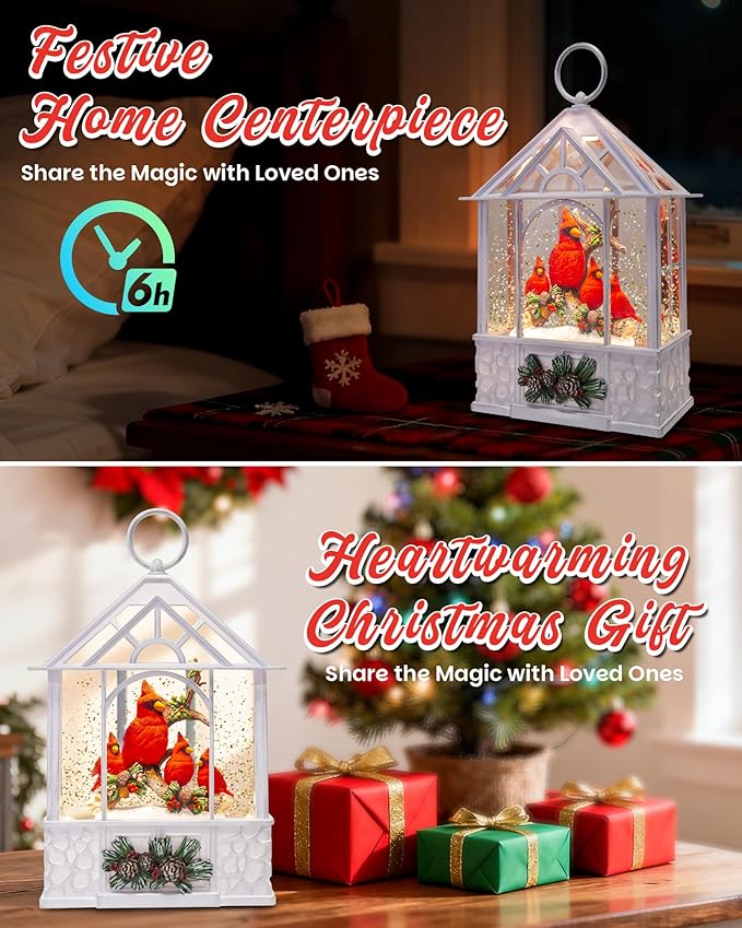 Christmas Cardinal Snow Globe Light up Lantern with 8 Songs, 9.84" White Christmas Snow Globes for Kids Adults, 6H Timer & Dual Power, Snowglobes Christmas Decorations Indoor, Gifts for Women Men