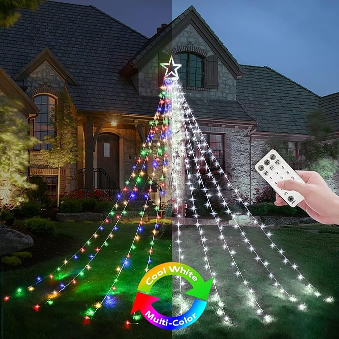 Decute Outdoor Christmas Decorations Star String Lights Color Changing Timer with Remote, Waterproof 320 Led Tree Toppers Fairy Lights for Yard Garden Backyard Holiday Decor Cool White + Multi-Color