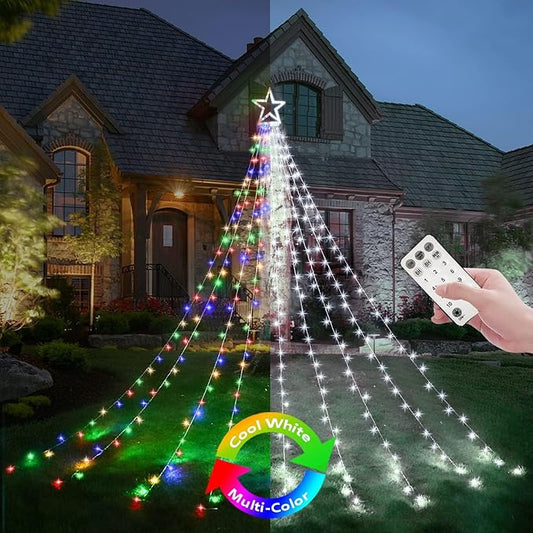 Decute Outdoor Christmas Decorations Star String Lights Color Changing Timer with Remote, Waterproof 320 Led Tree Toppers Fairy Lights for Yard Garden Backyard Holiday Decor Cool White + Multi-Color
