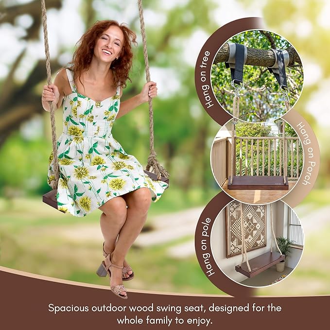 Outdoor Wood Hanging Seat, 22" x 8" x 2" Cedar Wooden Tree Swing for Adults & Kids, 440+ lb Capacity, Adjustable 5-7 ft Rope, Classic Heavy Duty Tree Swing for Backyard & Porch