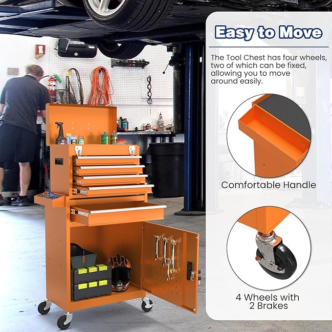 Rolling Tool Box with Wheels, 5-Drawer High Capacity Tool Chest with Wheels, Removable Storage Toolbox with Lock for Garage, Workshop (Orange)