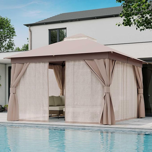 LAUSAINT HOME Semi-Permanent Patio Gazebo 12'x12' with Expansion Bolts, Outdoor Heavy Duty Party Shelter with Double Roofs, Mosquito Nettings and Sidewalls for Backyard, Garden, Lawn, Champagne Khaki