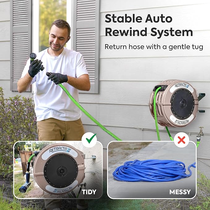 Macnaught Retractable Garden Hose Reel, 82 Ft Water Hose Reel Heavy Duty Retractable Hose with Metal 180¡Æ Swivel Rotation Bracket for Wall Mount - Beige