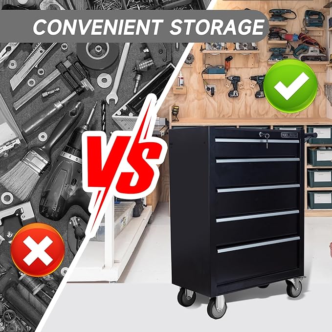 5-Drawer Rolling Tool Chest with Locking Wheels & Drawers, 13 D x 24.2 W x 34.6 H Mobile Tool Storage Cabinet, Heavy-Duty Garage Organizer w/Ergonomic Handle
