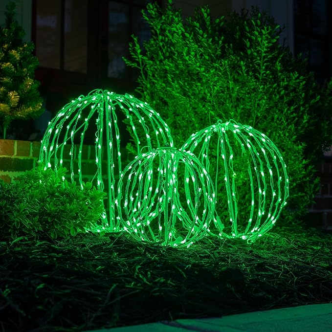 LED Light Ball Indoor-Outdoor Christmas Hanging Tree Globe Light Sphere, Fold Flat Metal Frame (12", White Frame/Green String Lights)