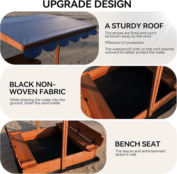 Wooden Sandbox with Lid & Canopy Cover, 48x48 Large Outdoor Sand Box for Kids Ages 4-8, with Foldable Bench Seats, UV-Resistant & Adjustable Height Roof & Bottom Liner