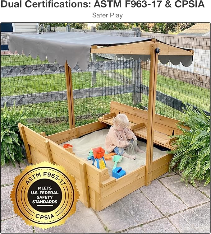Sand Box with Lid and Cover, 47.2 Square Kids Sandbox with 3 Detachable Toy Bins, 360¡Æ Adjustable Canopy, Foldable Benches & Sand Leak-Proof Liner