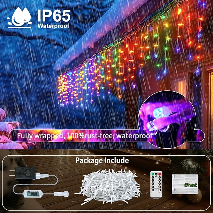 Icicle Lights for Outside, 82ft 880 LED Icicle Christmas Lights Outdoor Waterproof, 176 Drops with Remote, 8 Modes for Holiday Decorations - Christmas, Wedding, Party, Garden, House, Multi-Color