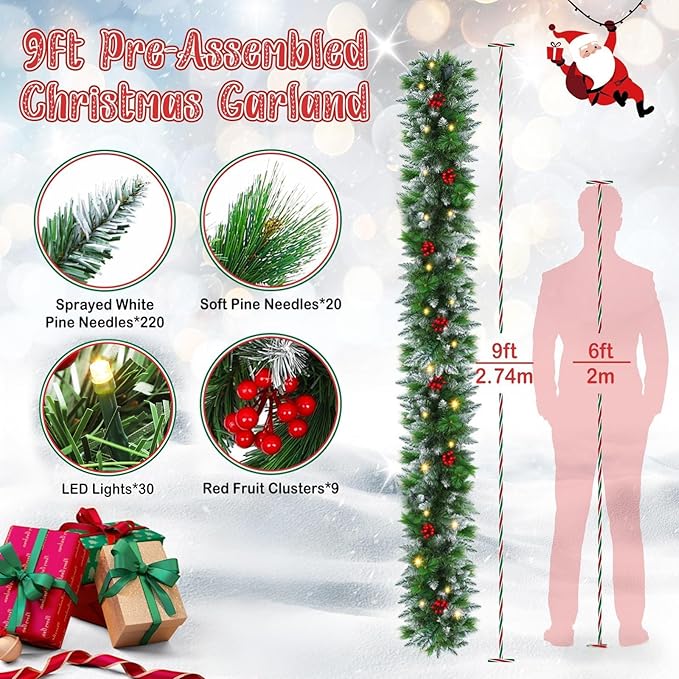 9FT Artificial Christmas Garland with LED Light Battery Operated Light Garland with 30 LED Warm Lights and 18 Red Berries for Mantle Stairs Fireplace Xmas Decoration