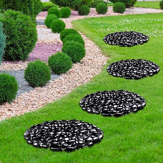 10in River Rock Stepping Stones Set - 6 Pack | Polished Pebble | Long-Lasting PVC Mesh Backing | Perfect for Garden Paths and Lawns Outdoor Landscaping Decoration | Black Circle