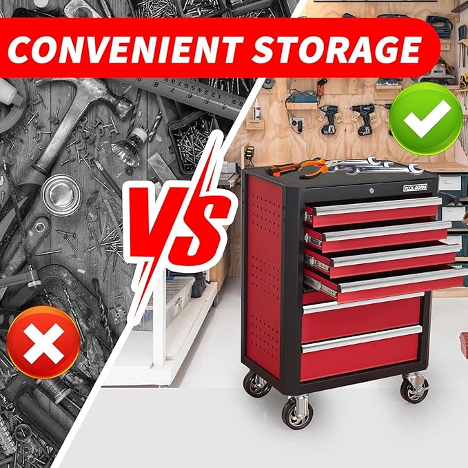 Upgrade 7-Drawer Rolling Tool Chest with Locking Wheels & Drawers, 18.5 D x 27.9 W x 39.5 H Mobile Tool Storage Cabinet, Heavy-Duty Garage Organizer w/Ergonomic Handle
