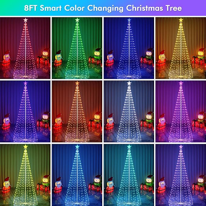 8FT Outdoor Christmas Tree, RGB Color Changing Pre-lit Smart Cone Christmas Tree with LED Lights, App & Remote Control, DIY Multi-Color Lightshow, Music Sync, Christmas New Year Decoration