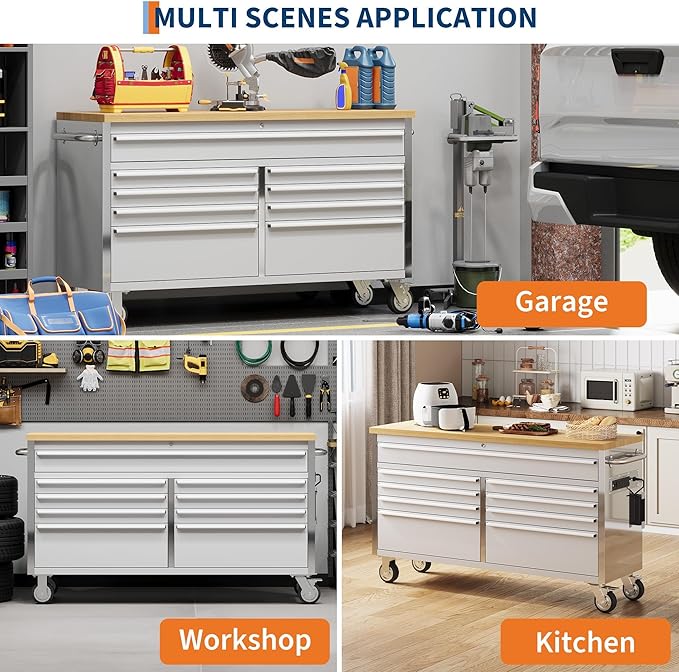 Tool Chest, 61 Inch Tool Box Mobile 9 Drawers Storage Rolling Cabinet with Wheels Lock Key Locking System Drawer Liners for Garage Warehouse Repair Shop, Sliver