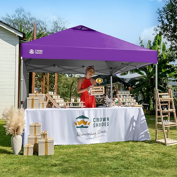 CROWN SHADES 10x10 Pop Up Canopy with 1 Side Wall - Beach Tent with One Push Setup - Outdoor Sun Shade for Events, Parties, Camping - Gazebo with STO-N-Go Cover Bag (Purple)