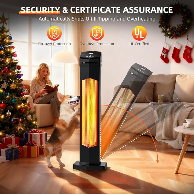 1500W Electric Patio Heater, 36inch Infrared Heater with Remote, IPX5 Waterproof Infrared Tower Space Heater, 2 Heat Levels, 12H Timers, Tip-Over & Overheat Protection for Garage, Indoor, Home