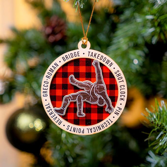 Wrestling Ornament 2025 – Wooden Christmas Ornament for Wrestlers, 2-Layer Rustic Plaid Wrestling Christmas Tree Decoration, Wrestling Gifts for Men