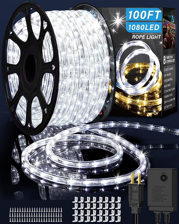 100ft 1080 LED Rope Lights Christmas Outdoor Waterproof, Flexible Connectable Tube Lights with 8 Modes, String Lights Decorative Lighting for Garden Patio Tree Bedroom Xmas Decor(White)