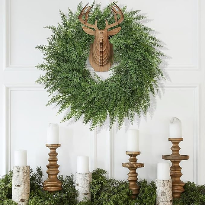 Lush Christmas Wreaths for Front Door Christmas Decorations 24 inch Real Touch Faux Cedar Wreath Winter Wreath Large Green Wreaths for Windows Outdoor Indoor Walls Home Xmas Holiday Decor
