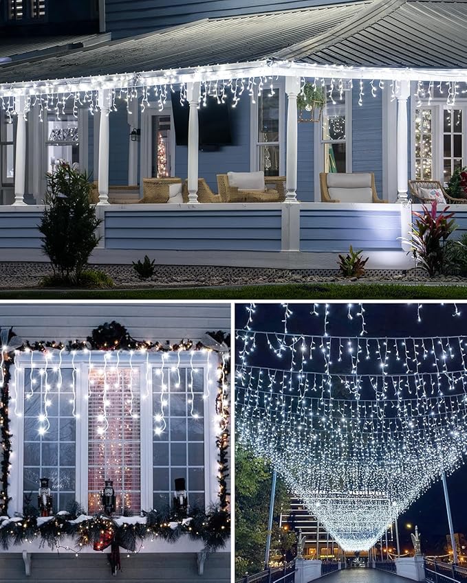 Cool White Christmas Lights Outdoor,2 Pack 53FT 486 LED Plug in Waterproof Christmas Lights for Outside, Timer & Memory, 8 Modes Hanging Fairy Light for Wedding Decorations House Eaves Yard Patio