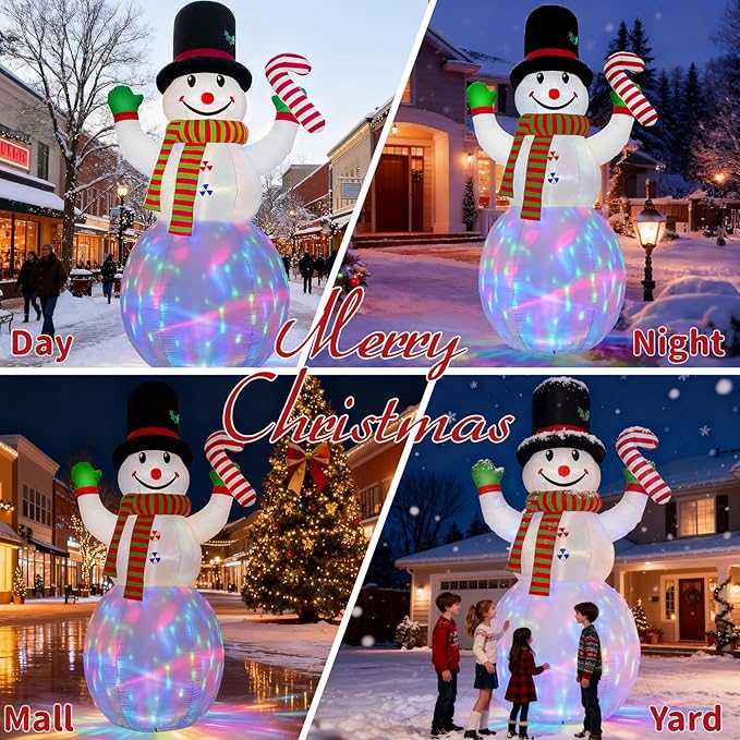 12FT Christmas Inflatables Snowman Outdoor Decorations, Giant Christmas Blow Up Snowman Inflatable in Waving Pose with Candy Cane, Rotating Colorful LED Light for Holiday Party Garden Yard Deco