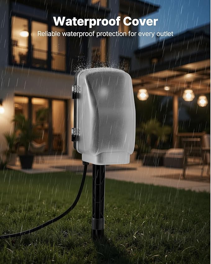VEVOR Outdoor Power Stake, 15 FT Extension Cord, Outdoor Power Strip Weatherproof with Cover and Overload Protection, 6 Outlets, 15A/1875W, Waterproof Multi-Outlet Yard Stake for Christmas Lights