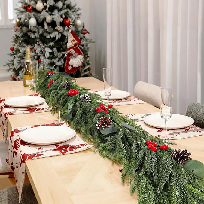 Christmas Garland of Artificial Norfolk Pine 6FT Christmas Decorations Indoor of Real Touch Winter Cedar Garland with Pinecones Red Berries Green Garland for Table Mantle Wall Outdoor