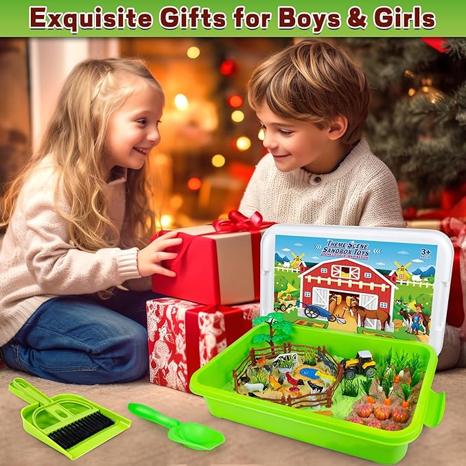 Bloolilies Sensory Bin, 59 Pcs Farm Sensory Sand Box Kits with Sandbox & Farm Animals & Tractor Playset, Play Sand Art Kit Magic Sand Toys for Boys Girls Toddlers Birthday Easter Valentines Gift