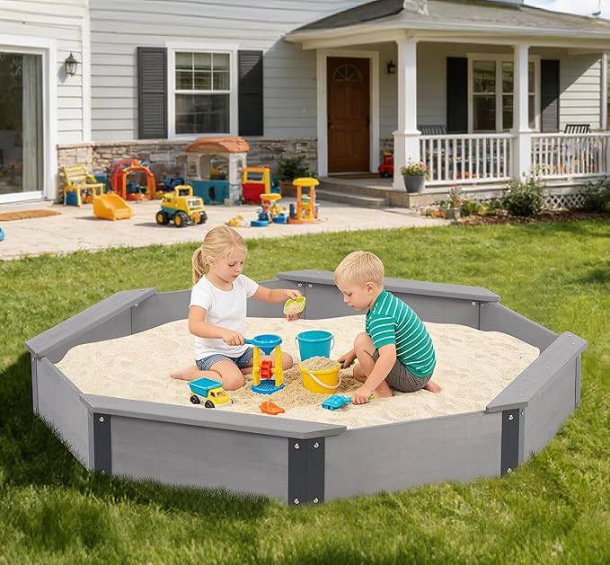 64''x56''x8.5'' Octagon Sandbox with Cover for Kids Outdoor Play, Wood Large Sandpit with 4 Benches, Quick Easy Install, US. Patented