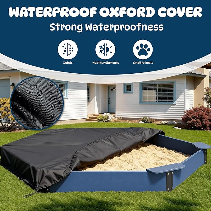 FOOWIN Hexagonal Outdoor Sandbox with Cover for Kids, HDPE Large Sandpit w/6 Benches, for Aged 3-12 Years Old, Sand Box for Children, Bottom Liner,Blue